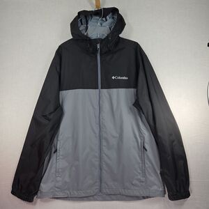 Columbia Jacket Mens L Gray Black Lightweight Hooded Windbreaker Coat